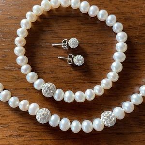 Pearl Necklace, Stretch Bracelet & Earring Set